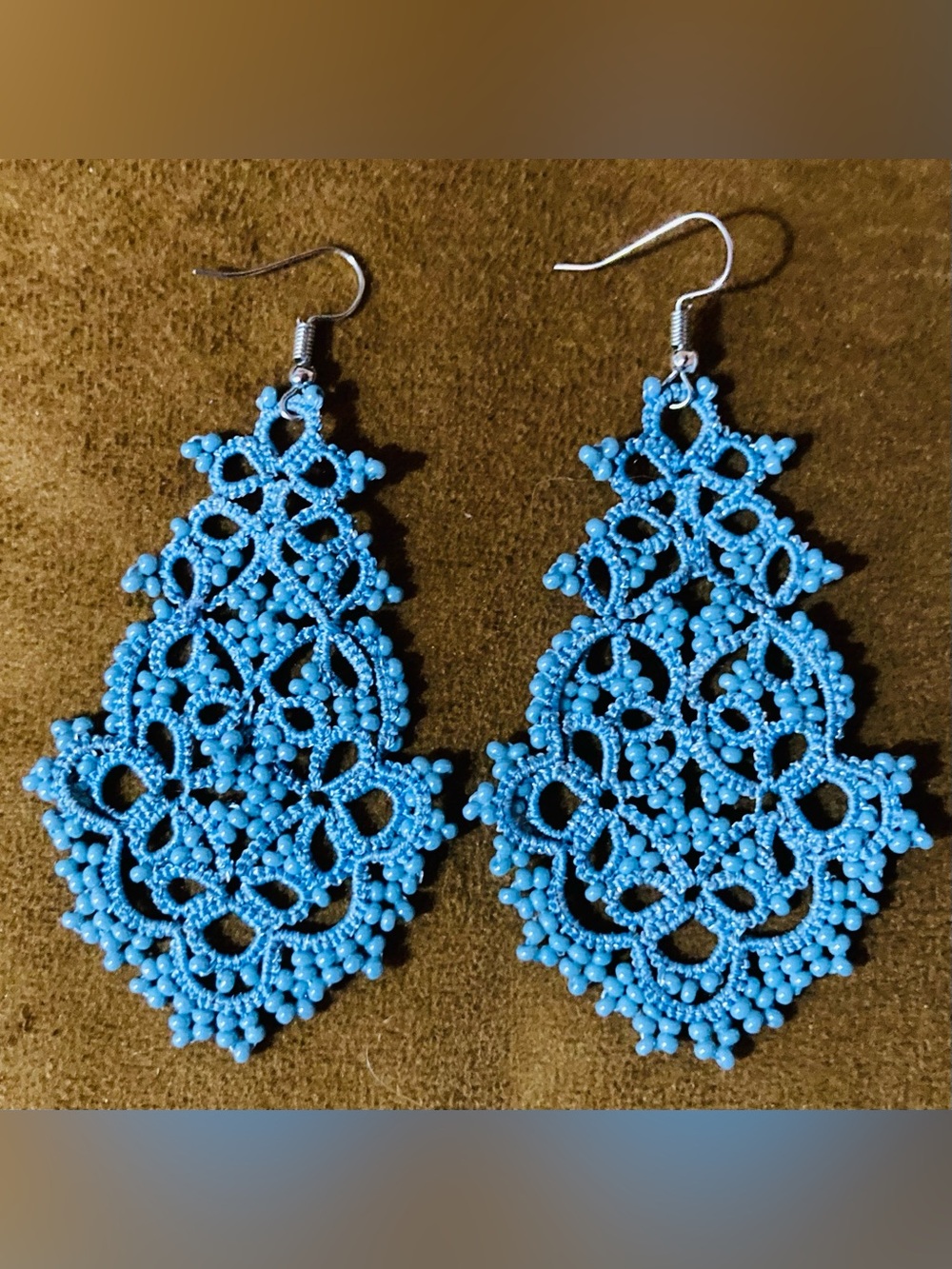 Rare Handmade Blue Tatted Crochet Lace Statement Earrings with Seed Bead Accents